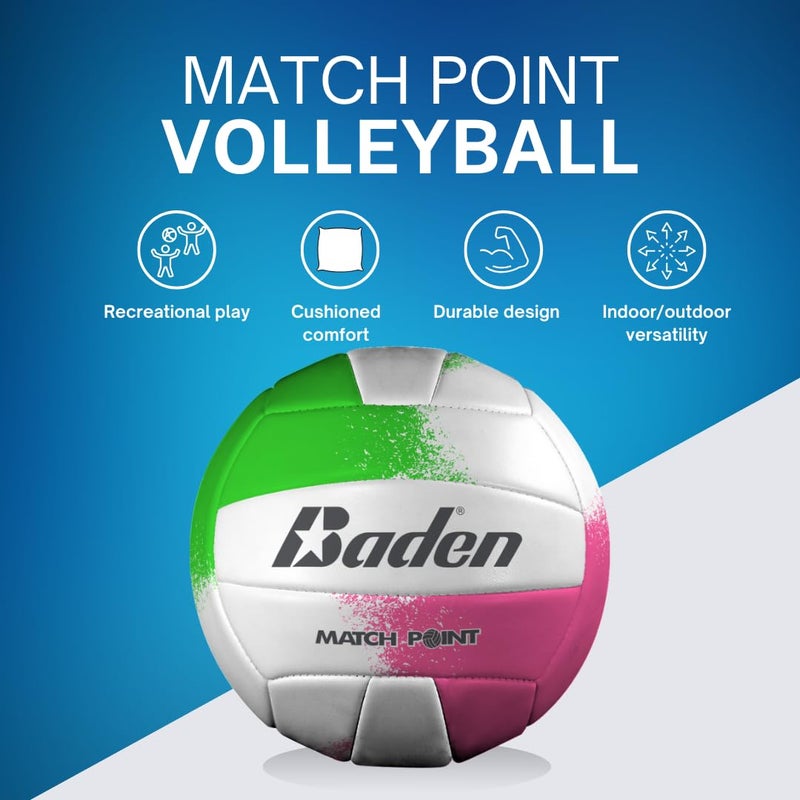 Baden | Match Point | Cushioned Synthetic Leather | Outdoor Recreation Backyard Volleyball + College Camp Ball | All Ages | Official Size 5 | Neon Pink/Green/White - Image 3